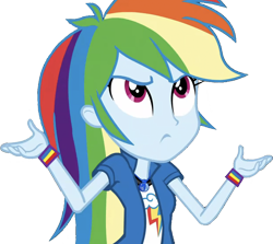 Size: 2824x2520 | Tagged: safe, edit, edited screencap, editor:homersimpson1983, screencap, rainbow dash, human, equestria girls, g4, background removed, breasts, bust, clothes, collar, female, frown, geode of super speed, hair, hand, high res, magical geodes, not a vector, shirt, shrug, simple background, solo, t-shirt, teenager, transparent background, wristband