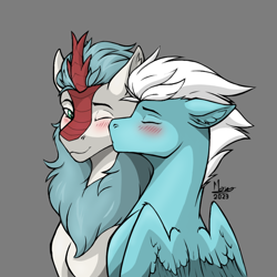 Size: 872x872 | Tagged: safe, artist:monolith_skyline, fleetfoot, oc, oc:soft snow, kirin, pegasus, pony, g4, 2023, blush lines, blushing, canon x oc, cheek kiss, closed mouth, ear fluff, ears back, eyes closed, female, folded wings, gray background, kirin oc, kissing, lidded eyes, looking at someone, male, mare, one eye closed, shipping, simple background, smiling, straight, wings
