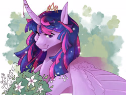 Size: 2048x1536 | Tagged: safe, artist:cerulean-crow, twilight sparkle, alicorn, pony, g4, chin fluff, female, flower, horn, horn jewelry, jewelry, new crown, solo, tiara, twilight sparkle (alicorn)