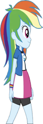 Size: 878x2520 | Tagged: safe, edit, edited screencap, editor:homersimpson1983, screencap, rainbow dash, human, equestria girls, g4, arms, background removed, breasts, bust, clothes, collar, female, hair, happy, legs, not a vector, shirt, simple background, skirt, smiling, solo, t-shirt, teenager, transparent background, walking, wristband