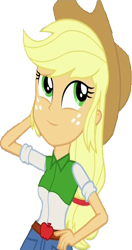 Size: 1334x2520 | Tagged: safe, edit, edited screencap, editor:homersimpson1983, screencap, applejack, human, equestria girls, g4, applejack's hat, arm behind head, background removed, belt, breasts, bust, button-up shirt, clothes, cowboy hat, denim skirt, female, freckles, hair, hand on hip, hat, not a vector, ponytail, shirt, simple background, skirt, solo, teenager, transparent background