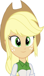 Size: 1486x2520 | Tagged: safe, edit, edited screencap, editor:mrtoonlover83, screencap, applejack, equestria girls, g4, applejack's hat, background removed, breasts, bust, button-up shirt, clothes, cowboy hat, female, freckles, hair, hat, not a vector, ponytail, shirt, simple background, smiling, solo, teenager, transparent background