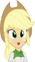 Size: 1437x2520 | Tagged: safe, edit, edited screencap, editor:mrtoonlover83, screencap, applejack, human, equestria girls, g4, background removed, breasts, bust, button-up shirt, clothes, cowboy hat, female, freckles, hair, hat, not a vector, open mouth, ponytail, shirt, simple background, solo, talking, teenager, transparent background