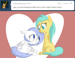 Size: 1280x989 | Tagged: safe, artist:penguinpotential, sunshower raindrops, oc, oc:frigid drift, pegasus, pony, ask frigid drift, g4, ask, blue eyes, canon x oc, duo, female, folded wings, heart, heart background, lesbian, looking at each other, looking at someone, mare, pegasus oc, red background, ship:frigidshower, shipping, simple background, sitting, teal eyes, white background, wings