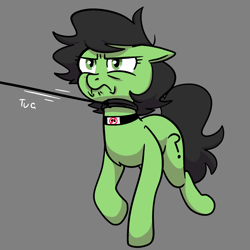 Size: 2000x2000 | Tagged: safe, artist:vodkamewtwoni, oc, oc only, oc:censy, oc:filly anon, earth pony, pony, choker, collar, female, filly, foal, gray background, high res, leash, simple background, solo, tugging, unhappy