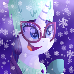 Size: 1000x1000 | Tagged: safe, artist:lindasaurie, derpibooru exclusive, rarity, pony, unicorn, g4, my little pony best gift ever, bust, clothes, diamonds, eye clipping through hair, eyebrows, eyebrows visible through hair, female, happy, hat, lineless, mare, night, night sky, open mouth, portrait, raised hoof, scarf, sky, snow, snowfall, snowflake, solo, stars, sunglasses, winter, winter outfit