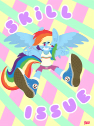 Size: 3072x4096 | Tagged: safe, artist:kenn, rainbow dash, pegasus, anthro, g4, clothes, converse, cute, shoes, shorts, skill issue, sneakers, socks, solo, tank top, text