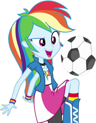 Size: 1969x2520 | Tagged: safe, edit, edited screencap, editor:homersimpson1983, screencap, rainbow dash, human, equestria girls, g4, my little pony equestria girls, arms, background removed, boots, breasts, bust, clothes, collar, eyebrows, female, football, hair, kicking, not a vector, open mouth, open smile, raised eyebrow, shirt, shoes, simple background, skirt, smiling, solo, sports, t-shirt, talking, teenager, teeth, transparent background, wristband