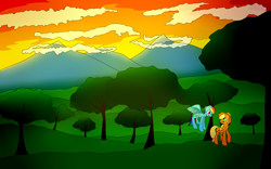 Size: 4000x2500 | Tagged: safe, artist:senpaiburrito, applejack, rainbow dash, g4, female, lesbian, mountain, mountain range, scenery, ship:appledash, shipping, tree