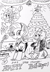 Size: 2362x3367 | Tagged: safe, artist:debmervin, pinkie pie, rarity, spike, dragon, earth pony, pony, unicorn, g4, bell, black and white, christmas, christmas tree, doormat, exclamation point, female, grayscale, happy holidays, high res, holiday, ladder, monochrome, mouse hole, tree, wreath