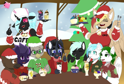 Size: 3712x2520 | Tagged: safe, artist:mairiathus, oc, changeling, griffon, pegasus, unicorn, anthro, cafe, christmas, food, high res, holiday, horn, ice cream, snow, tree, wings
