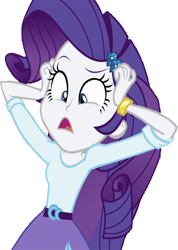 Size: 1795x2520 | Tagged: safe, edit, edited screencap, editor:homersimpson1983, screencap, rarity, human, equestria girls, g4, background removed, belt, blouse, bracelet, breasts, bust, clothes, confused, female, hair, hairpin, hand on face, hand on head, jewelry, makeup, not a vector, open mouth, shocked, simple background, skirt, solo, teenager, transparent background
