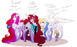 Size: 1940x1176 | Tagged: safe, artist:krissstudios, oc, oc only, oc:ayame amor, oc:sally lovely, oc:yuko-chan, pegasus, pony, unicorn, 2010, 2017, 2019, blue eyes, chest fluff, clothes, collar, cursive writing, ear piercing, earring, ears back, eyebrows, female, folded wings, golden eyes, heterochromia, horn, jewelry, leonine tail, long mane, long tail, mare, necktie, one eye closed, open mouth, partially open wings, pegasus oc, piercing, raised eyebrow, raised hoof, red eyes, scarf, simple background, smiling, spanish, standing, tail, tail fluff, trio, unicorn oc, white background, wings, yellow eyes