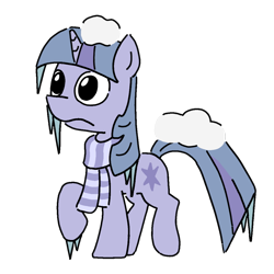 Size: 1080x1080 | Tagged: safe, artist:borgib, twilight sparkle, pony, unicorn, g4, closed mouth, clothes, cold, female, frostbite, frown, frozen, icicle, mare, puppy dog eyes, raised hoof, scarf, simple background, snow, solo, striped scarf, transparent background, unicorn twilight