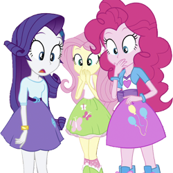 Size: 2516x2520 | Tagged: safe, edit, edited screencap, editor:homersimpson1983, screencap, fluttershy, pinkie pie, rarity, human, equestria girls, g4, my little pony equestria girls, background removed, belt, blouse, boots, bracelet, breasts, bust, clothes, female, gasp, hair, hairpin, hand over mouth, high res, implied spike, jewelry, legs, looking down, not a vector, open mouth, shirt, shocked, shoes, simple background, skirt, socks, tank top, teenager, transparent background, trio, trio female, vest, wide eyes