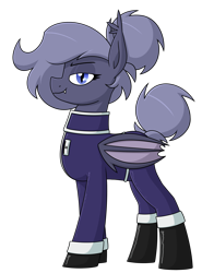 Size: 1602x2165 | Tagged: safe, artist:moonatik, oc, oc only, oc:selenite, bat pony, pony, new lunar millennium, alternate timeline, bat pony oc, clothes, female, hair bun, looking at you, mare, military pony, military uniform, nightmare takeover timeline, simple background, smug, solo, tail, tail bun, transparent background, uniform, wings