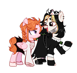 Size: 3122x2977 | Tagged: safe, artist:chafer7lin, oc, oc only, oc:angel petals, oc:jezza belle, earth pony, pegasus, pony, 2024 community collab, derpibooru community collaboration, bandaid, bandaid on nose, belt, boots, can, choker, clothes, crown, dress, drink, duo, duo female, ear piercing, earring, energy drink, eyeshadow, female, fingerless gloves, gloves, gun, high res, jewelry, lesbian, lipstick, looking at each other, looking at someone, makeup, mare, mask, monster energy, oc x oc, open mouth, piercing, playing card, raised hoof, regalia, shipping, shirt, shoes, simple background, skirt, socks, stockings, sweater, thigh highs, transparent background, weapon, wings