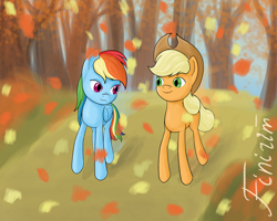 Size: 2500x2000 | Tagged: safe, artist:finirim, applejack, rainbow dash, earth pony, pegasus, pony, fall weather friends, g4, autumn, duo, duo female, female, forest, hat, high res, leaves, looking at each other, looking at someone, nature, running of the leaves, smiling, smiling at each other, tree