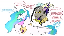 Size: 1589x901 | Tagged: safe, artist:redxbacon, discord, princess celestia, alicorn, draconequus, pony, g4, annoyed, beard, celestia is not amused, comic, dialogue, discord being discord, duo, eris, facial hair, jewelry, now you're thinking with portals, portal, prince solaris, regalia, rule 63, simple background, speech bubble, unamused, white background