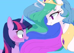 Size: 2048x1463 | Tagged: safe, artist:cheesesauce_45, princess celestia, twilight sparkle, alicorn, pony, unicorn, g4, blue background, blushing, crown, duo, duo female, female, jewelry, looking at each other, looking at someone, mare, open mouth, open smile, regalia, simple background, smiling, sweat, unicorn twilight