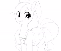 Size: 2048x1713 | Tagged: safe, artist:cheesesauce_45, applejack, earth pony, pony, g4, applejack's hat, black and white, clothes, cowboy hat, female, grayscale, hat, mare, monochrome, open mouth, open smile, overalls, simple background, sketch, smiling, solo, white background