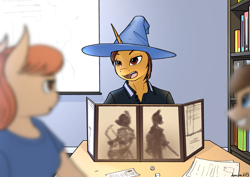 Size: 2283x1614 | Tagged: safe, artist:apocheck13, oc, oc:brushfire, unicorn, anthro, dungeons and dragons, hat, horn, looking at each other, looking at someone, ogres and oubliettes, out of focus, tabletop game, unicorn oc, wizard hat