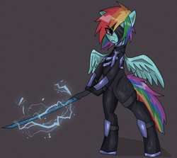 Size: 3186x2838 | Tagged: safe, artist:sleepymist, rainbow dash, pegasus, pony, g4, bipedal, brown background, clothes, cosplay, costume, eyepatch, female, hair over one eye, high res, hoof hold, katana, looking at you, mare, metal gear, metal gear rising, raiden, simple background, solo, spread wings, sword, weapon, wings
