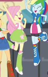 Size: 383x613 | Tagged: safe, screencap, applejack, fluttershy, rainbow dash, human, equestria girls, g4, get the show on the road, my little pony equestria girls: summertime shorts, armpits, arms in the air, belt, boots, clothes, cowboy boots, cropped, hands in the air, high heel boots, jumping, shirt, shoes, skirt, sleeveless, sleeveless shirt, socks, tank top