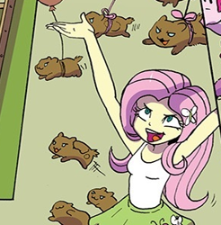 Size: 295x300 | Tagged: safe, artist:pencils, idw, fluttershy, gerbil, human, equestria girls, g4, spoiler:comic, spoiler:comicequestriagirlsmarchradness, armpits, arms in the air, balloon, clothes, cropped, hands in the air, shirt, sleeveless, sleeveless shirt, tank top