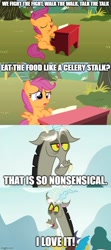 Size: 500x1125 | Tagged: safe, edit, edited screencap, screencap, discord, scootaloo, draconequus, pegasus, pony, g4, the show stoppers, what about discord?, caption, comic, duo, female, filly, foal, image macro, imgflip, male, musical instrument, piano, screencap comic, text