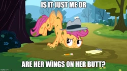 Size: 888x499 | Tagged: safe, edit, edited screencap, screencap, scootaloo, pegasus, pony, g4, ponyville confidential, animation error, caption, female, filly, foal, image macro, imgflip, mud, pencil, text