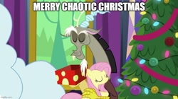 Size: 888x499 | Tagged: safe, edit, edited screencap, screencap, discord, fluttershy, draconequus, pegasus, pony, g4, my little pony best gift ever, caption, christmas, christmas tree, duo, eyes closed, female, holiday, hug, image macro, imgflip, male, mare, text, tree