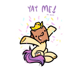 Size: 880x794 | Tagged: safe, artist:paperbagpony, oc, oc only, oc:paper bag, earth pony, pony, bag, confetti, crown, happy, happy birthday, jewelry, open mouth, open smile, paper bag, paper crown, regalia, smiling, solo