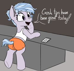 Size: 1510x1454 | Tagged: safe, artist:pinkberry, oc, oc only, oc:winter azure, earth pony, pony, braces, butt, clothes, colt, crotch bulge, eyelashes, femboy hooters, foal, hot pants, implied foalcon, leaning on table, male, plot, short shirt, solo, trap