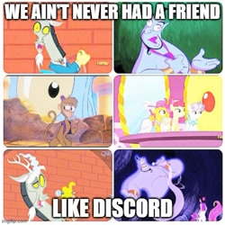 Size: 500x500 | Tagged: safe, edit, edited screencap, screencap, apple bloom, discord, scootaloo, sweetie belle, draconequus, earth pony, genie, monkey, pegasus, pony, unicorn, g4, make new friends but keep discord, aladdin, caption, clothes, cutie mark crusaders, disney, dress, female, filly, foal, friend like me, genie (aladdin), image macro, imgflip, male, reference, text, you ain't never had a friend like me