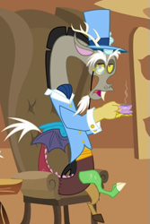 Size: 419x629 | Tagged: safe, screencap, discord, draconequus, g4, keep calm and flutter on, ascot, ascot tie, clothes, cropped, cummerbund, cup, drink, food, hat, looking at you, male, monocle, monocle and top hat, outfit catalog, solo, suit, tea, teacup, top hat