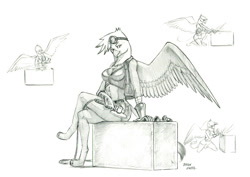 Size: 1498x1059 | Tagged: safe, artist:baron engel, gilda, griffon, anthro, digitigrade anthro, g4, angle grinder, box, female, goggles, goggles on head, grinder, monochrome, pencil drawing, solo, spread wings, story included, traditional art, wings