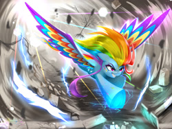 Size: 2400x1800 | Tagged: safe, artist:darksly, rainbow dash, pegasus, pony, g4, colored wings, fast, female, flying, high res, mare, partial color, rainbow power, solo, spread wings, wings