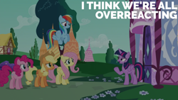 Size: 1920x1080 | Tagged: safe, edit, edited screencap, editor:quoterific, screencap, applejack, fluttershy, pinkie pie, rainbow dash, twilight sparkle, alicorn, earth pony, pegasus, pony, g4, the saddle row review, :/, applejack's hat, cowboy hat, eyebrows, female, flower, freckles, frown, group, hat, looking at each other, looking at someone, mare, open mouth, open smile, quintet, raised eyebrow, raised hoof, reaction image, smiling, twilight sparkle (alicorn), worried
