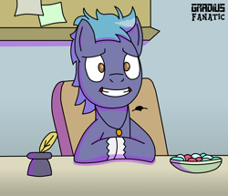 Size: 2000x1721 | Tagged: safe, artist:gradiusfanatic, oc, oc only, oc:strenshoe starry, earth pony, pony, earth pony oc, grin, hooves together, inkwell, male, nervous, nervous smile, quill, school of friendship, smiling, solo, starlight's office