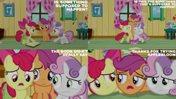 Size: 4400x2475 | Tagged: safe, edit, edited screencap, editor:quoterific, screencap, apple bloom, scootaloo, sweetie belle, earth pony, pegasus, pony, unicorn, g4, the last crusade, apple bloom's bow, bag, book, bow, clubhouse, crusaders clubhouse, cutie mark crusaders, female, filly, foal, frown, glowing, glowing horn, hair bow, horn, magic, magic aura, open mouth, sad, saddle bag, telekinesis, trio, trio female, unhappy, wavy mouth
