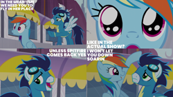 Size: 2000x1125 | Tagged: safe, edit, edited screencap, editor:quoterific, screencap, rainbow dash, soarin', pegasus, pony, g4, rarity investigates, close-up, clothes, duo, duo male and female, excited, female, frown, goggles, goggles on head, happy, implied spitfire, male, mare, open mouth, open smile, pointing, smiling, spread wings, stallion, uniform, wings, wonderbolts uniform