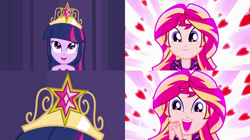 Size: 1534x860 | Tagged: safe, sunset shimmer, twilight sparkle, human, equestria girls, g4, my little pony equestria girls, my little pony equestria girls: summertime shorts, pet project, bare shoulders, big crown thingy, clothes, dress, element of magic, fall formal outfits, jewelry, regalia, sleeveless, sleeveless dress, strapless, strapless dress, twilight's crown