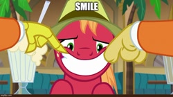 Size: 888x499 | Tagged: safe, edit, edited screencap, screencap, big macintosh, discord, draconequus, earth pony, pony, dungeons and discords, g4, caption, forced smile, image macro, imgflip, male, offscreen character, smiling, solo focus, stallion, text