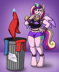 Size: 1639x2000 | Tagged: safe, artist:metallicumbrage, part of a set, princess cadance, alicorn, anthro, unguligrade anthro, g4, ankle cuffs, anklet, armpits, bare shoulders, belly button, blue jeans, blushing, boyshorts, breasts, busty princess cadance, clothes, cuffs, female, giggling, glowing, glowing horn, grin, hand on chin, hand on hip, horn, hot pants, human to anthro, human to pony, indoors, jewelry, lavender background, levitation, magic, magic aura, male to female, mesh, necklace, panties, part of a series, rule 63, shirt, short shirt, shorts, signature, simple background, smiling, solo, standing, sunglasses, sunglasses on head, t-shirt, telekinesis, thong, tiptoe, toes, transformation, transgender, transgender transformation, trash can, underwear, wrist cuffs