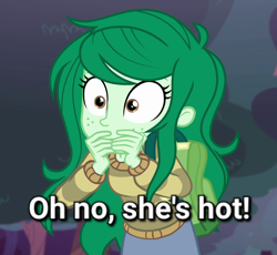 Size: 1174x1080 | Tagged: safe, edit, edited screencap, screencap, wallflower blush, human, equestria girls, equestria girls specials, g4, my little pony equestria girls: better together, my little pony equestria girls: forgotten friendship, caption, covering mouth, female, image macro, meme, oh no he's hot, pinpoint eyes, shocked, shocked expression, solo, spongebob squarepants, squilliam returns, text, wide eyes