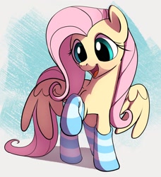 Size: 1524x1668 | Tagged: safe, artist:dotkwa, fluttershy, pegasus, pony, g4, clothes, cute, daaaaaaaaaaaw, female, looking at something, looking down, mare, open mouth, open smile, raised hoof, shyabetes, smiling, socks, solo, striped socks