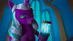 Size: 600x338 | Tagged: safe, screencap, opaline arcana, alicorn, pony, g5, have you seen this dragon?, my little pony: make your mark, my little pony: make your mark chapter 2, spoiler:g5, spoiler:my little pony: make your mark, spoiler:my little pony: make your mark chapter 2, spoiler:mymc02e08, animated, blinking, dragonfire, eyebrows, eyeshadow, female, folded wings, gif, jar, makeup, mare, solo, wings