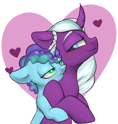 Size: 2200x2323 | Tagged: safe, artist:dumbwoofer, misty brightdawn, opaline arcana, alicorn, pony, unicorn, g5, spoiler:g5, bedroom eyes, biting, blushing, duo, ear fluff, female, heart, heart background, high res, hug, hug from behind, lesbian, looking back, mare, neck biting, patreon, semi-incest, ship:mistyline, shipping, simple background, smiling, transparent background