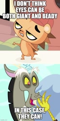 Size: 500x1005 | Tagged: safe, edit, edited screencap, screencap, discord, draconequus, hedgehog, g4, what about discord?, caption, image macro, imgflip, instantly proven wrong, littlest pet shop, russell ferguson, text, younger